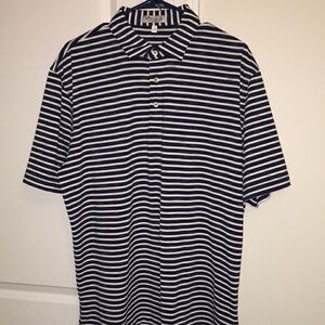 Peter Millar Navy Blue white Stripe Summer comfort Golf polo shirt L amazing !